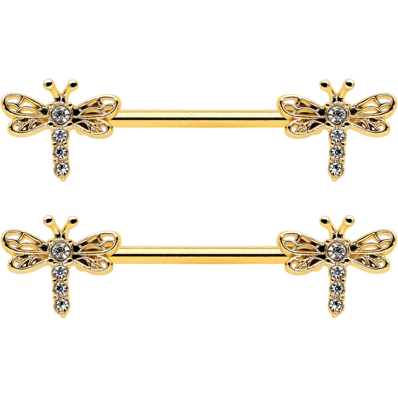 14G 9/16 Clear Gem Gold Tone Flying Dragonfly Nipple Ring Set