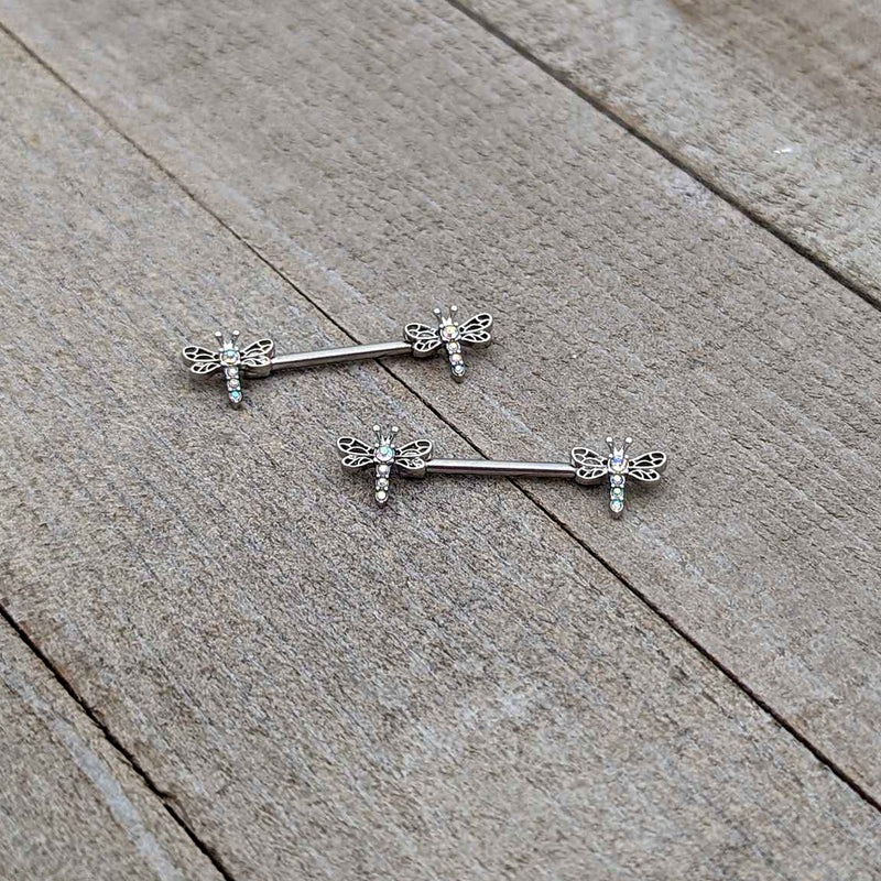 14G 9/16 Aurora Gem Ornate Dragonflies Barbell Nipple Ring Set