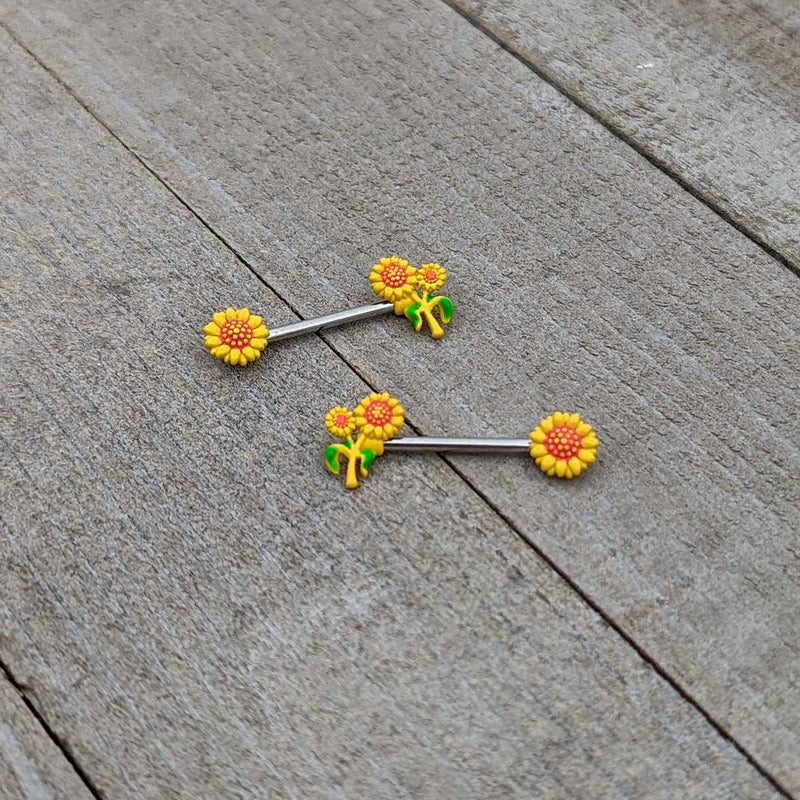 14G 9/16 Happy Yellow Sunflower Trio Barbell Nipple Ring Set