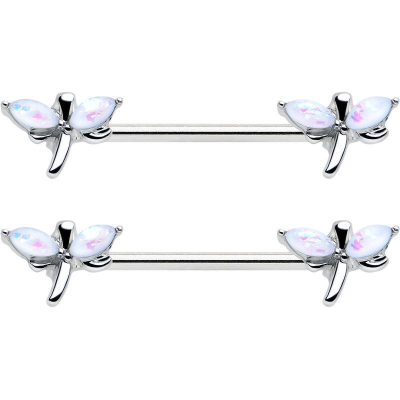 14G 5/8 White Faux Opal Styled Dragonfly Barbell Nipple Ring Set