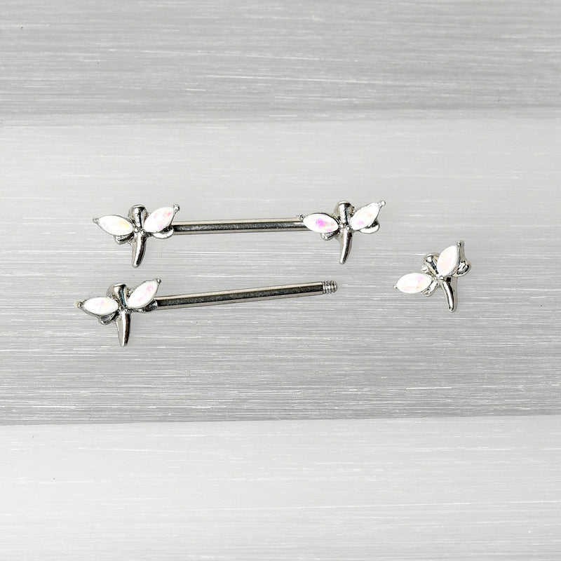 14G 5/8 White Faux Opal Styled Dragonfly Barbell Nipple Ring Set