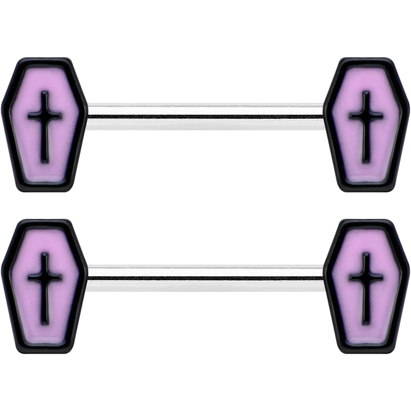 14G 9/16 Creepy Coffin Lt Purple Glow in the Dark Nipple Ring Set