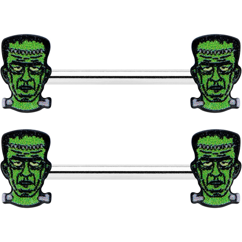 14G 9/16 Frankenstein Head Green Glow in the Dark Nipple Ring Set