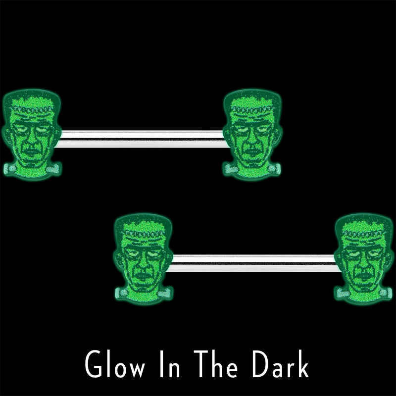 14G 9/16 Frankenstein Head Green Glow in the Dark Nipple Ring Set