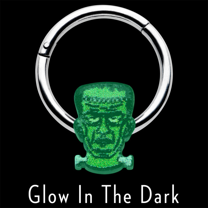16G 3/8 Frankenstein Head Green Glow in Dark Hinged Segment Ring