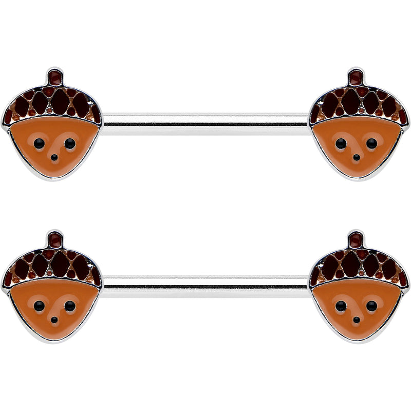 14G 9/16 Autumn Acorn Face Brown Fall Barbell Nipple Ring Set