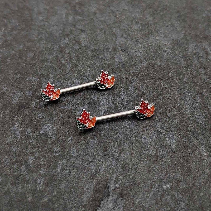 14G 9/16 Autumn Tricolor Maple Leaf Barbell Nipple Ring Set