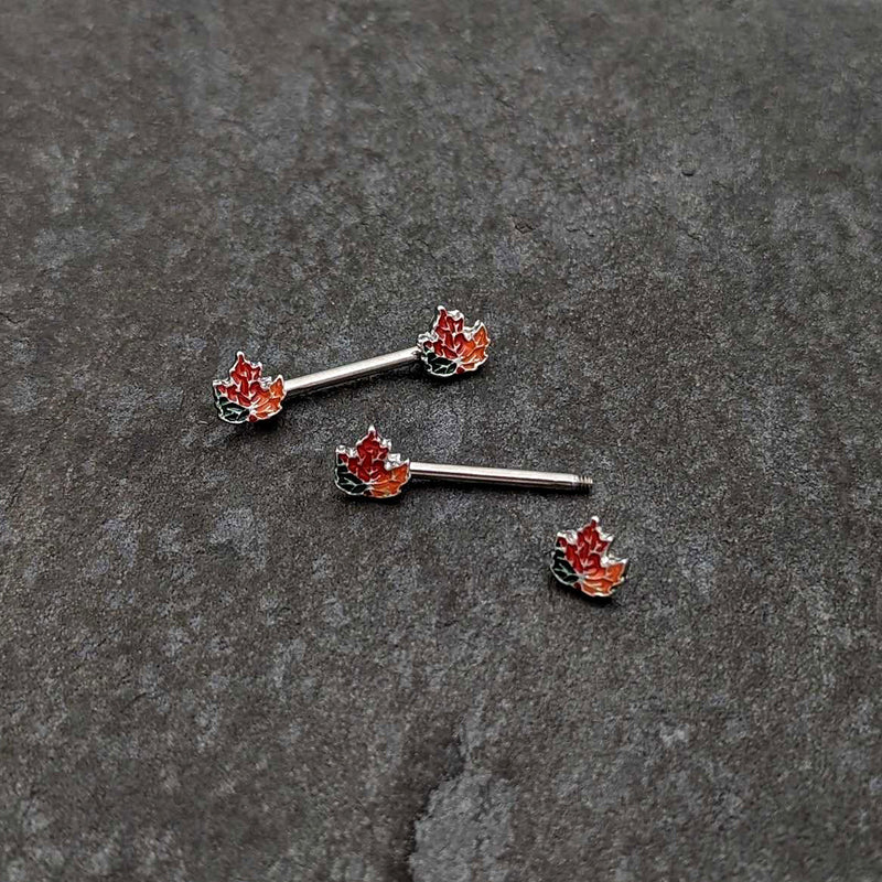 14G 9/16 Autumn Tricolor Maple Leaf Barbell Nipple Ring Set