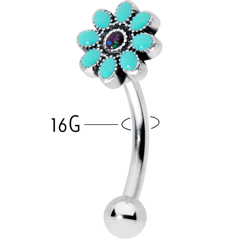 16G 5/16 Blue Gem Flower Teal Petals Curved Eyebrow Ring