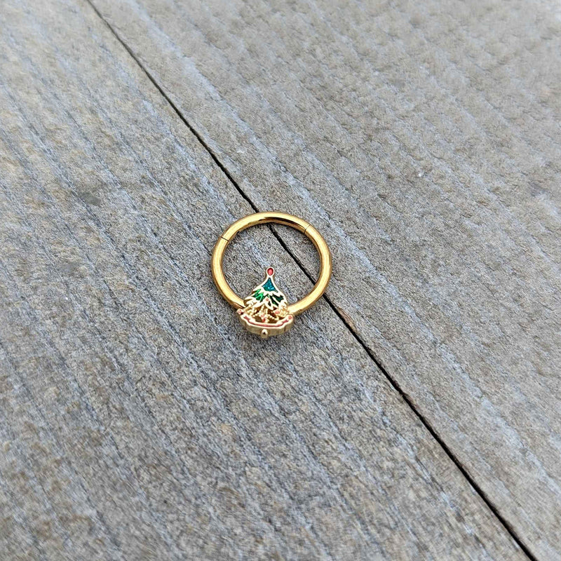 16G 3/8 Red Gem Gold Tone Deco Holiday Tree Hinged Segment Ring