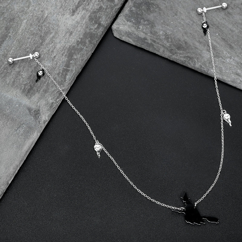 14G 9/16 Creepy Ghosts Witch Halloween Dangle Nipple Chain Set