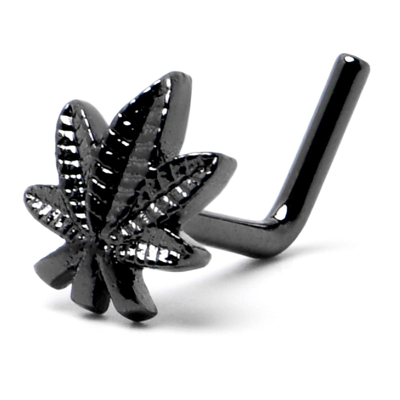20G 1/4 Black Texture Pot Leaf L Shape Nose Ring
