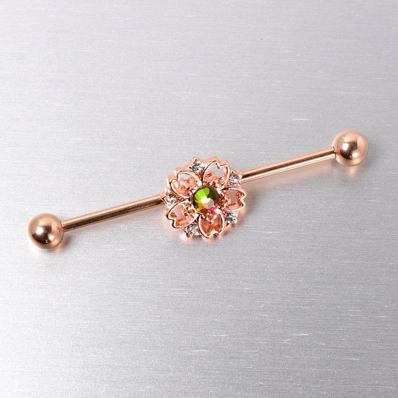 14G Dark Aurora Gem Rose Gold Tone Flower Industrial Barbell 38mm