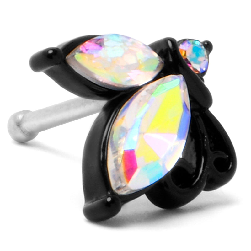 20G 1/4 Aurora CZ Gem Fleur de Lis Butterfly Black Nose Bone