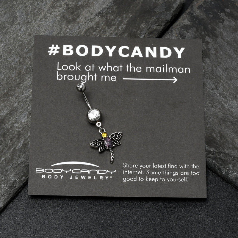 Clear Yellow Purple Gem Dragonfly Dangle Belly Ring