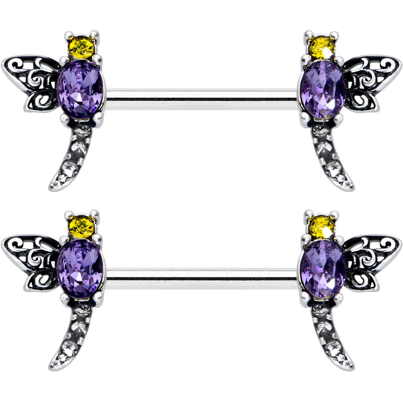 14G 9/16 Purple Yellow Gem Dragonfly Barbell Nipple Ring Set