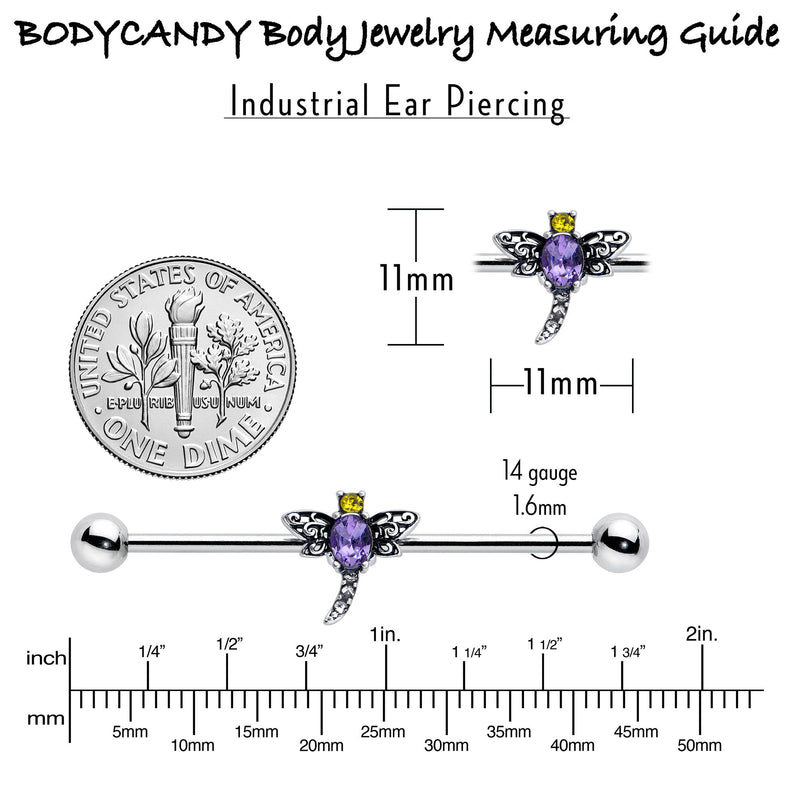 14G Purple Yellow Gem Dragonfly Industrial Barbell 38mm