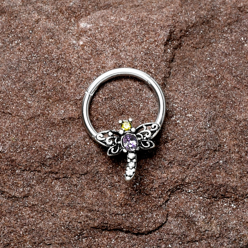 16G 3/8 Purple Yellow Gem Dragonfly Hinged Segment Ring