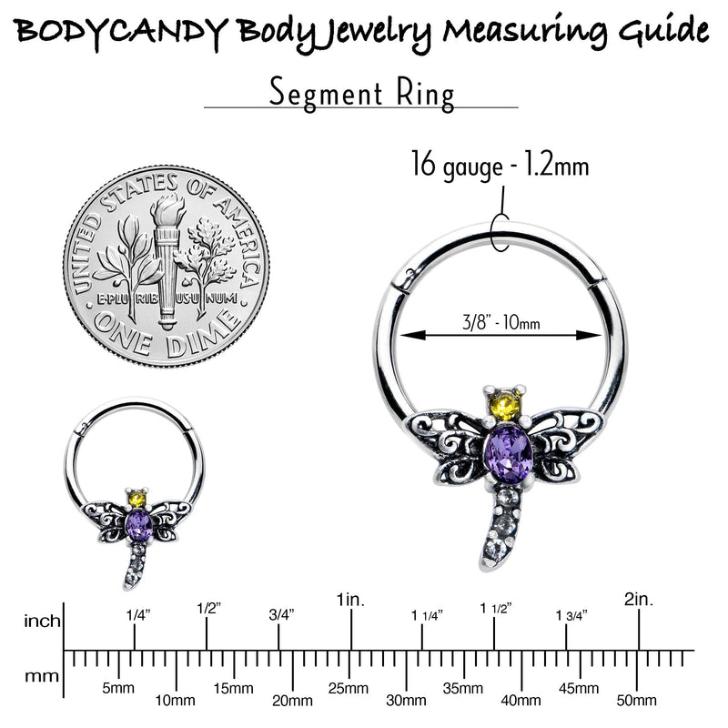 16G 3/8 Purple Yellow Gem Dragonfly Hinged Segment Ring
