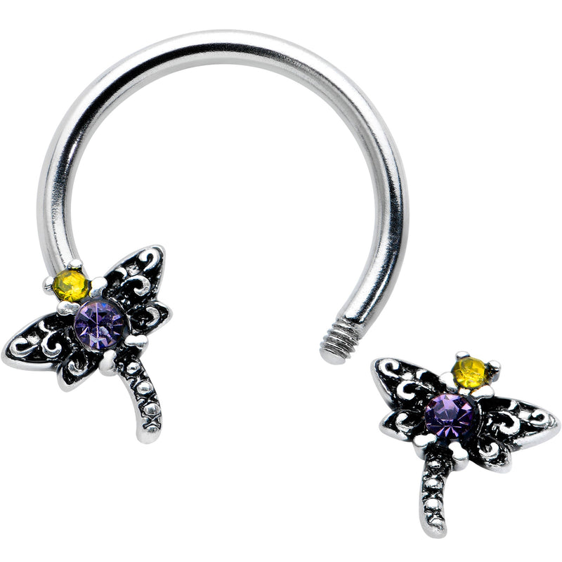 16G 3/8 Purple Yellow Gem Dragonfly Horseshoe Circular Barbell