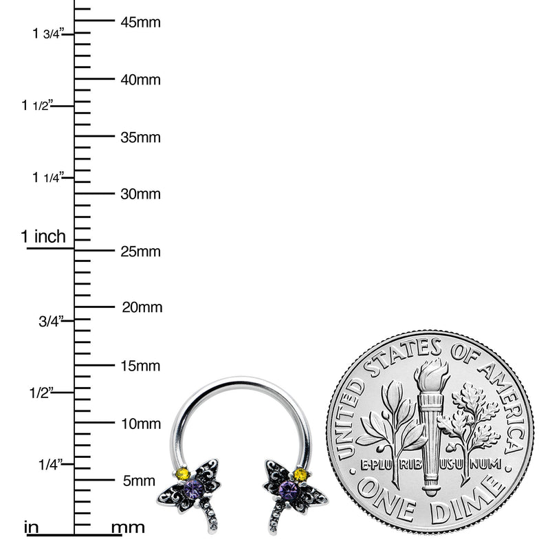 16G 3/8 Purple Yellow Gem Dragonfly Horseshoe Circular Barbell