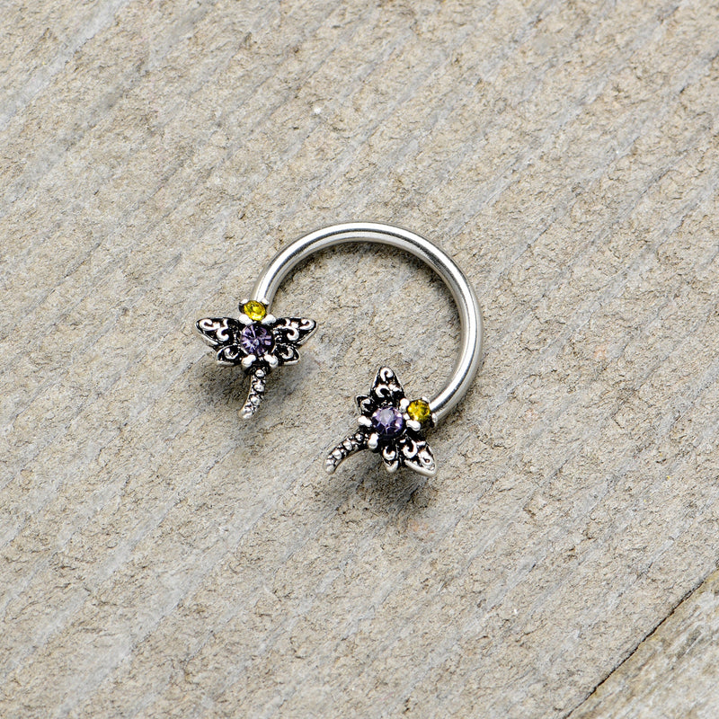 16G 3/8 Purple Yellow Gem Dragonfly Horseshoe Circular Barbell