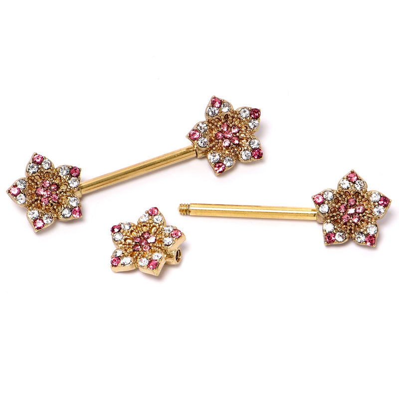 14G 9/16 Pink Gem Gold Tone Texture Star Barbell Nipple Ring Set