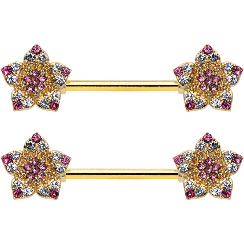 14G 9/16 Pink Gem Gold Tone Texture Star Barbell Nipple Ring Set