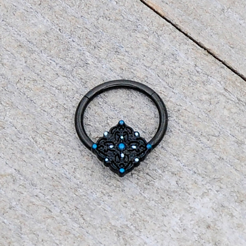16G 3/8 Black Lacy Rhombus Blue Hinged Segment Ring