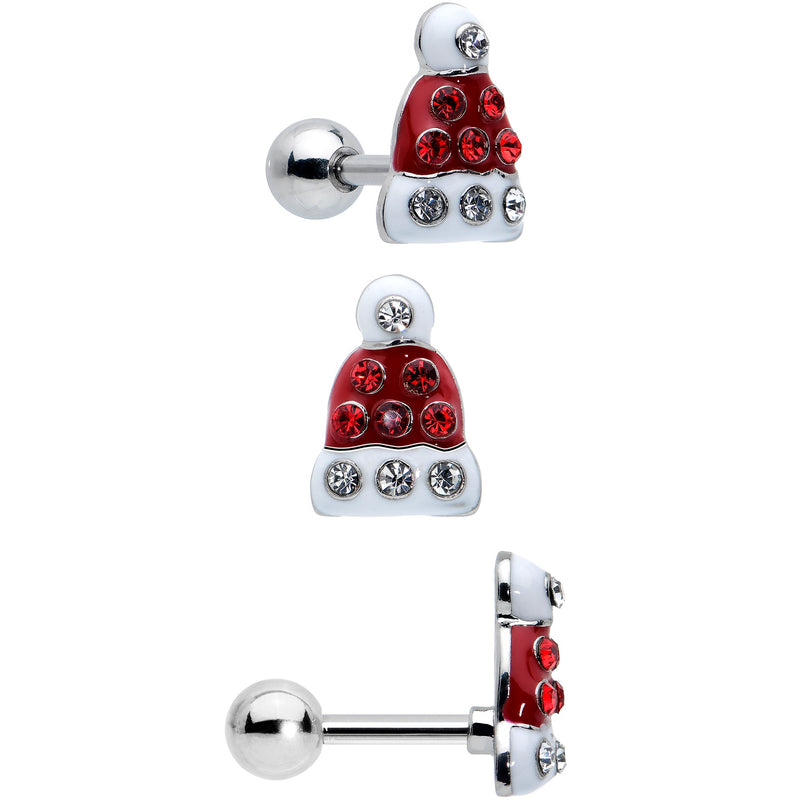 16G 1/4 Red Gem Santa Hat Holly Sprig Cartilage Earring Set of 3
