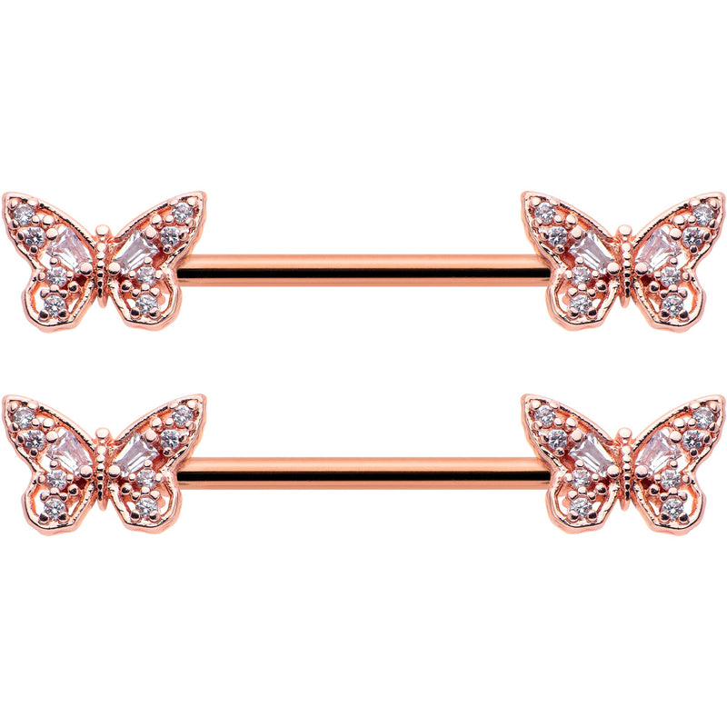 14G 9/16 Clear Gem Rosy Tone Baroque Butterfly Nipple Ring Set
