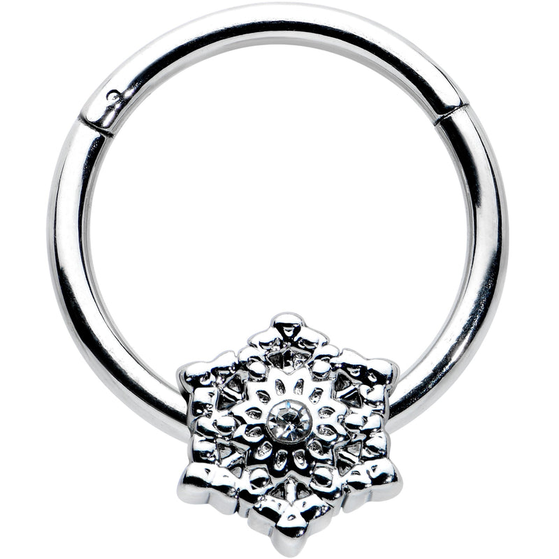 16G 3/8 Clear Gem Filigree Winter Snowflake Hinged Segment Ring