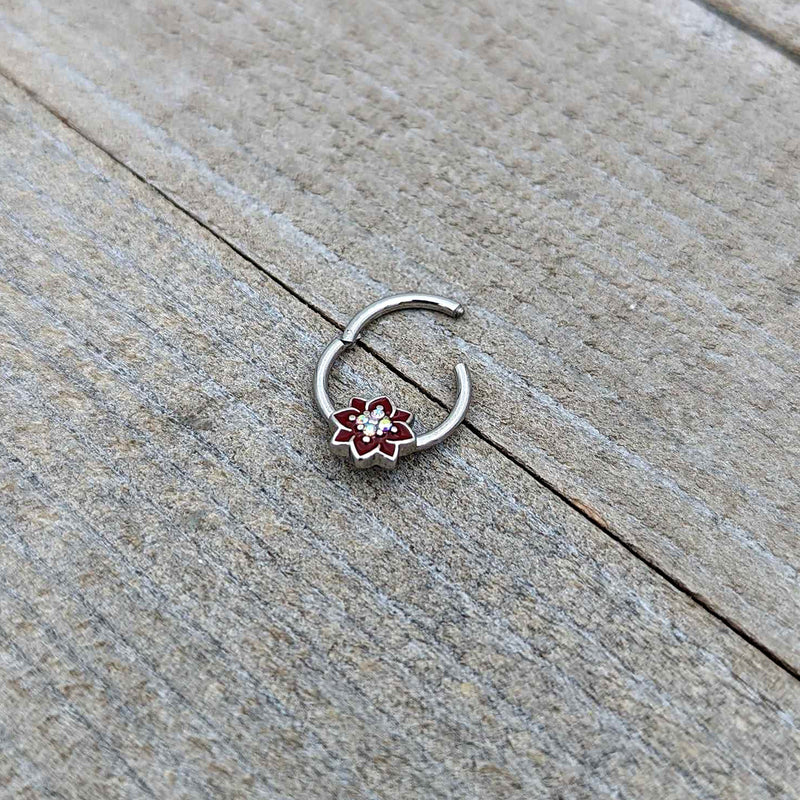 16G 3/8 Aurora Gem Poinsettia Flower Festive Hinged Segment Ring