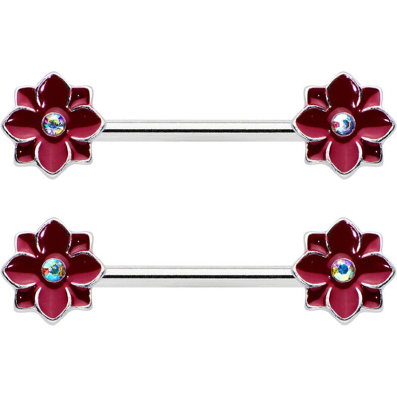 14G 9/16 Aurora Gem Poinsettia Flower Barbell Nipple Ring Set
