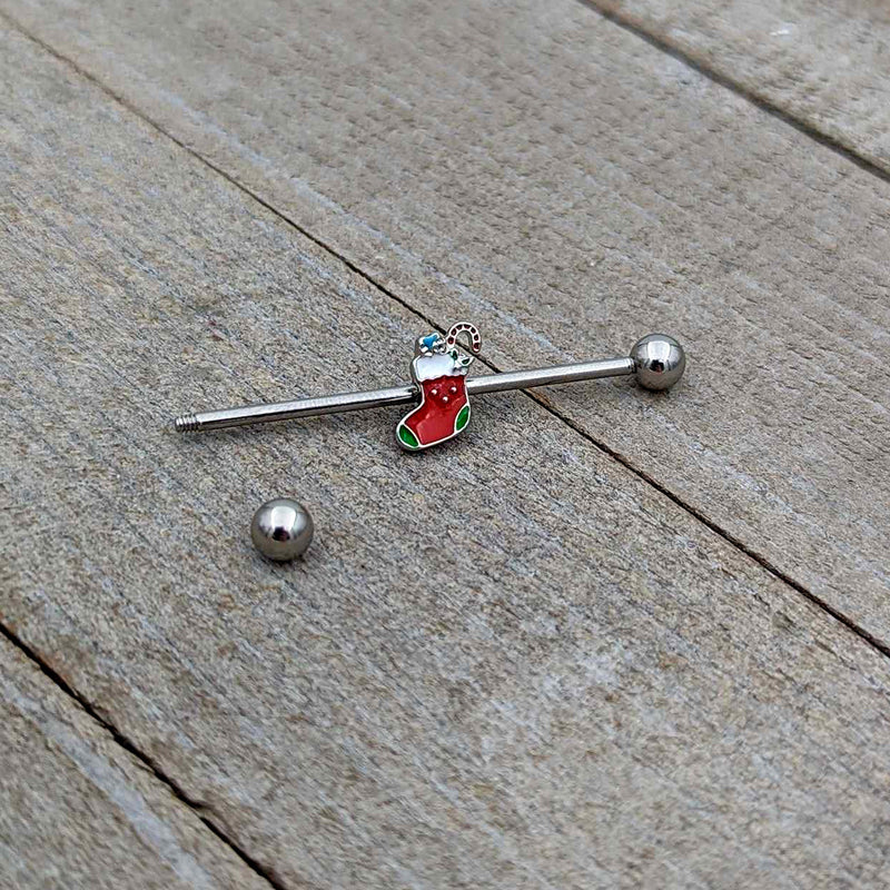 14G Happy Christmas Stocking Red Green Industrial Barbell 38mm
