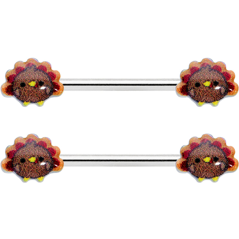14G 9/16 Cute Colorful Turkeys Barbell Nipple Ring Set