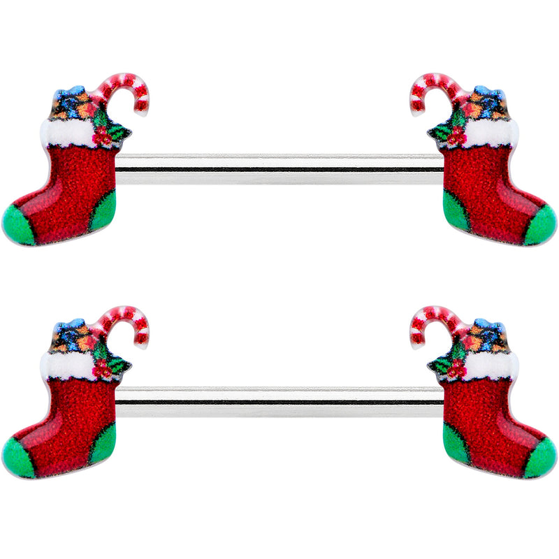 14G 9/16 Cheery Christmas Stocking Red Barbell Nipple Ring Set