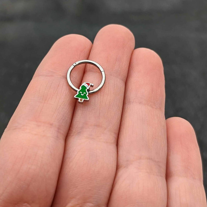 16G 3/8 Happy Christmas Tree Holiday Hat Hinged Segment Ring