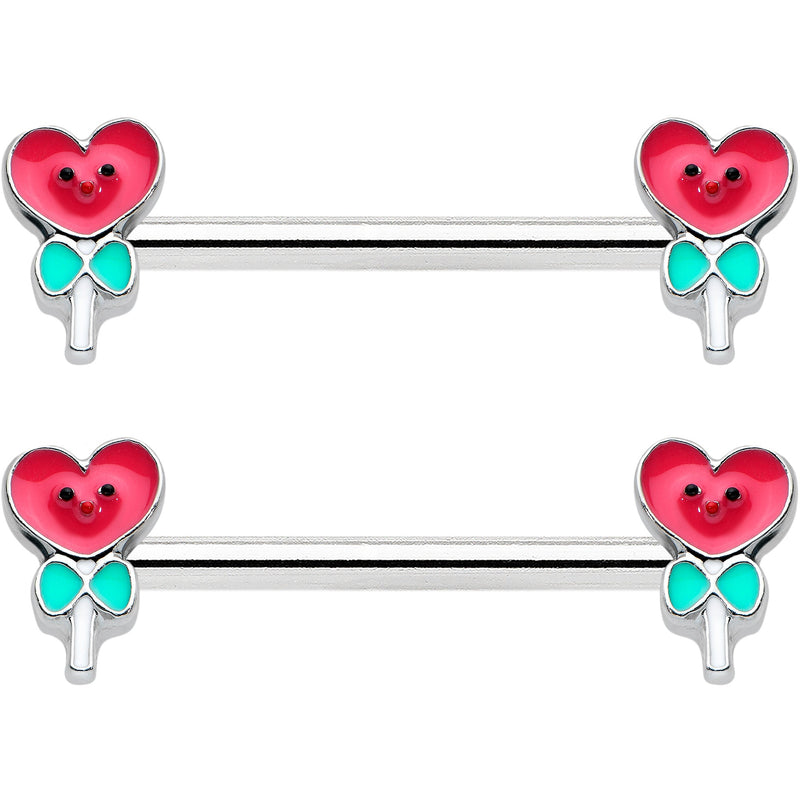 14G 9/16 Sweet Happy Heart Lollipop Barbell Nipple Ring Set