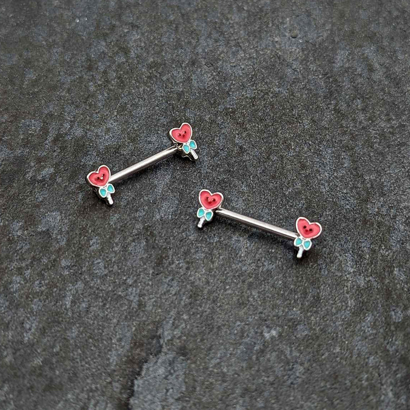 14G 9/16 Sweet Happy Heart Lollipop Barbell Nipple Ring Set