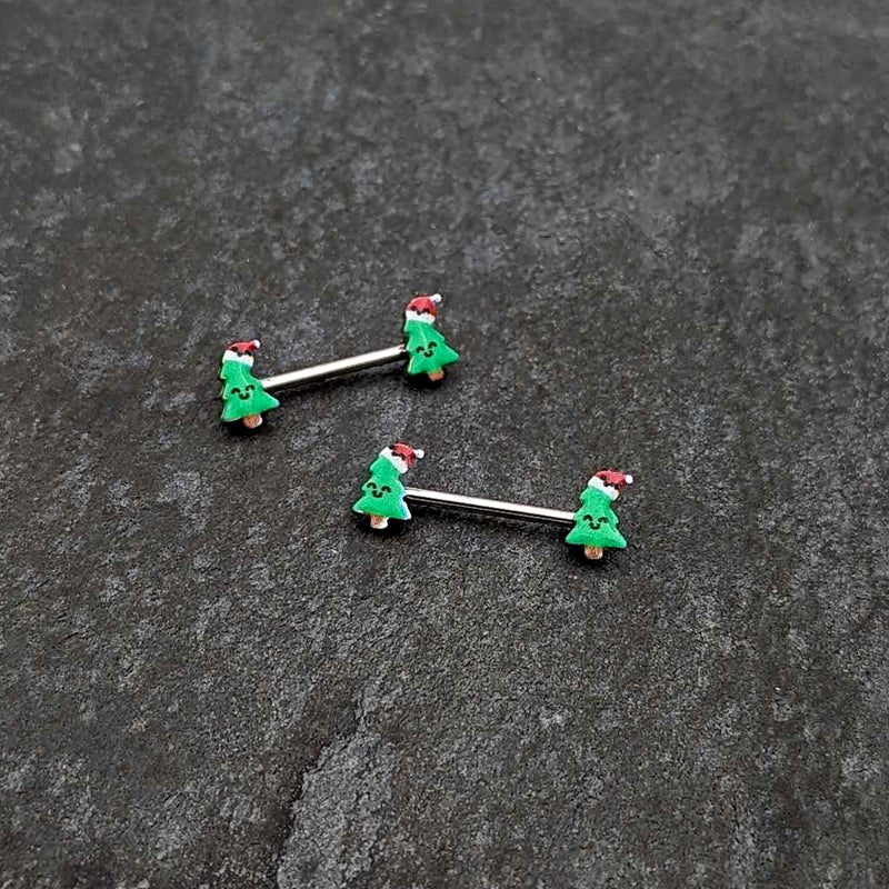 14G 9/16 Happy Christmas Tree Hat Barbell Nipple Ring Set