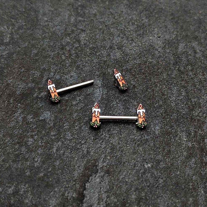 14G 9/16 Sweet Holiday Christmas Candle Barbell Nipple Ring Set