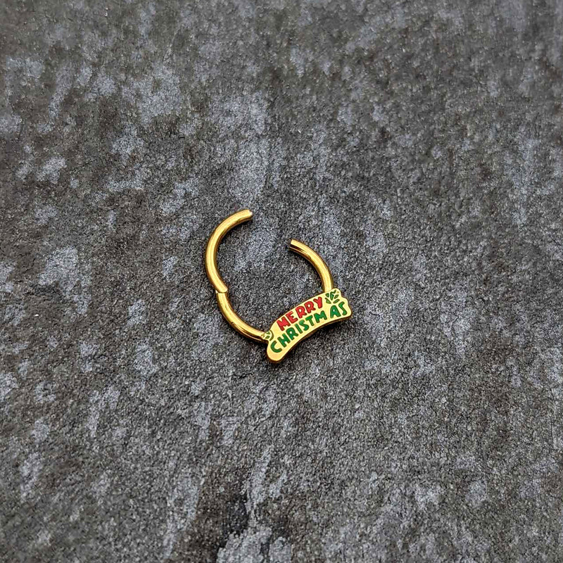 16G 3/8 Gold Tone Merry Christmas Inlay Hinged Segment Ring