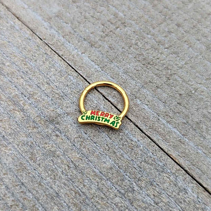 16G 3/8 Gold Tone Merry Christmas Inlay Hinged Segment Ring