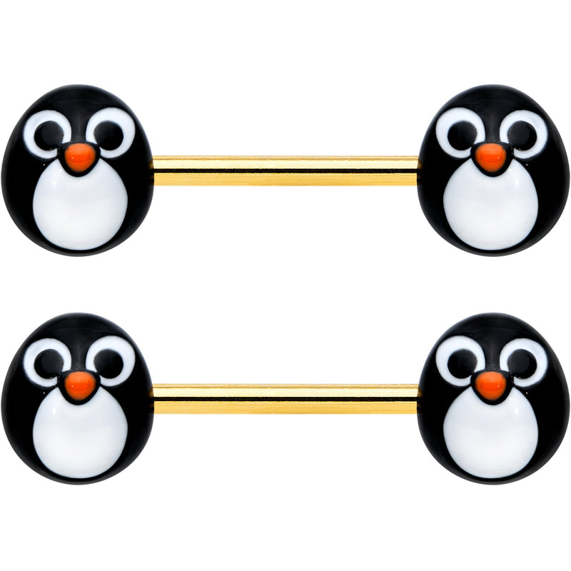 14G 9/16 Gold Tone Round Penguin Face Barbell Nipple Ring Set