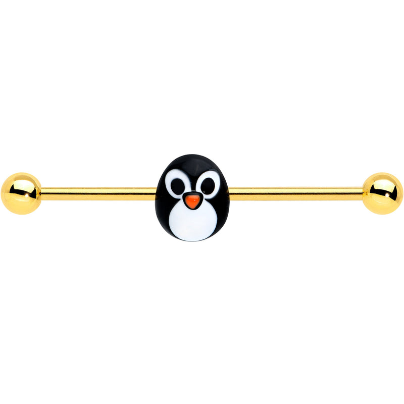 14G Gold Tone Round Penguin Face Holiday Industrial Barbell 38mm