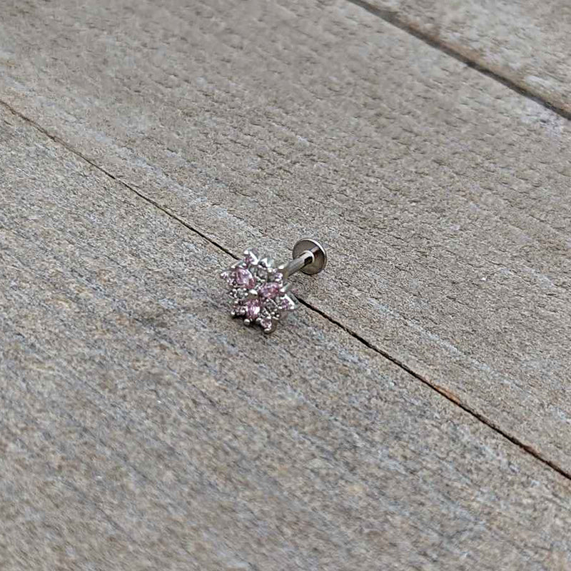 16G 5/16 Pink Clear CZ Gem Snowflake Labret Monroe Tragus
