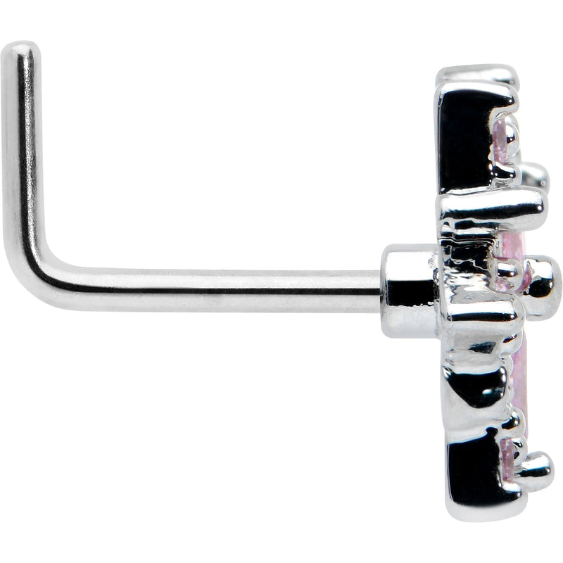 20G 7mm Pink Clear CZ Gem Snowflake L Shape Nose Ring