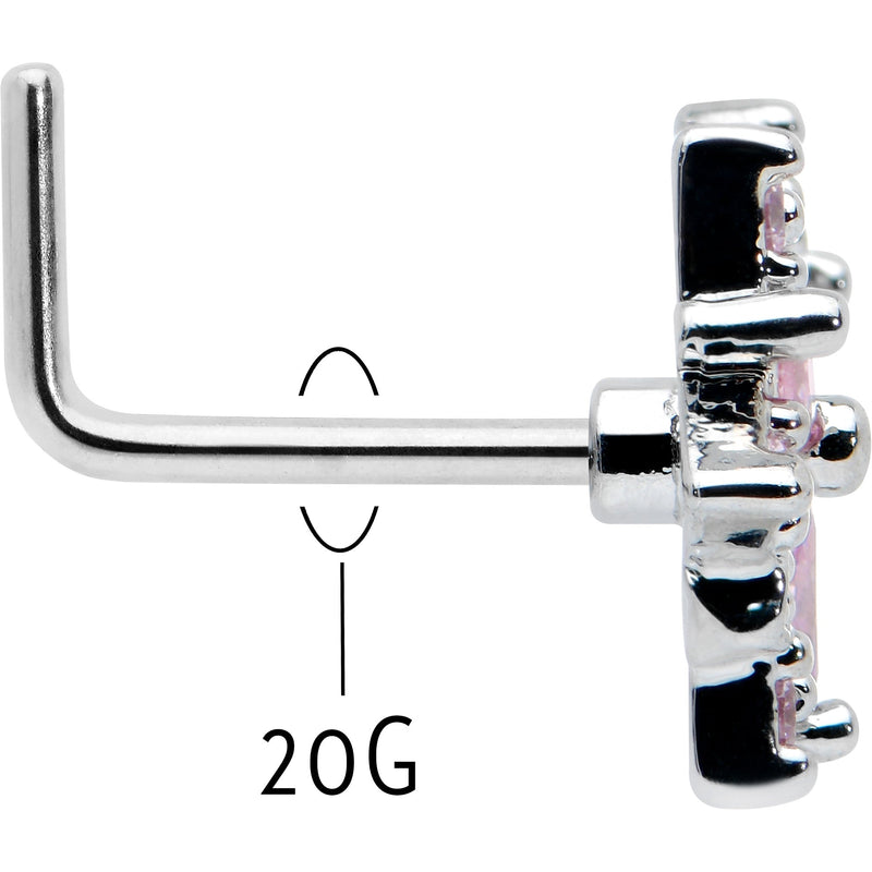 20G 7mm Pink Clear CZ Gem Snowflake L Shape Nose Ring