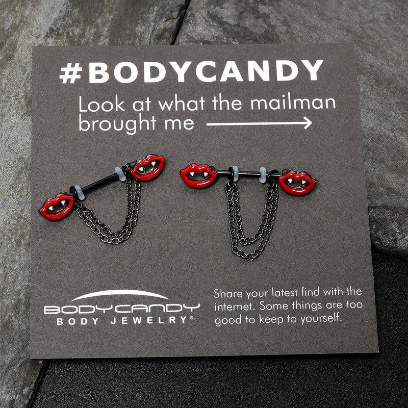 14G 11/16 Black Vampire Fangs Chain Dangle Nipple Ring Set